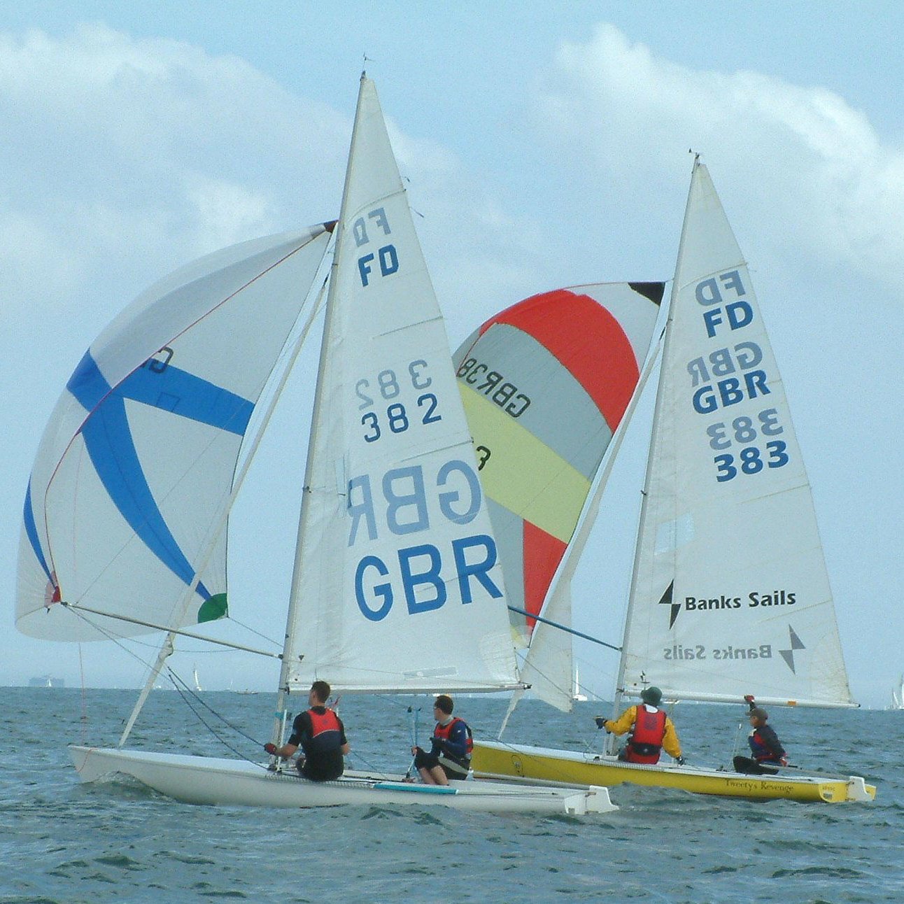Toby Dale & James Cole  (GBR 383) beside Vicky Parry & Peter Frith (GBR 382) at the FD Southern Championships photo copyright Dawn Barsley taken at Lee-on-the-Solent Sailing Club and featuring the Flying Dutchman class