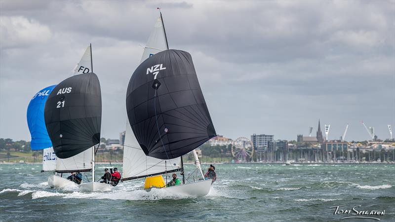Mark Henger (Metung Yacht Club) and Matt Bismark (New Zealand) race their International Flying Dutchman first across the finish line, successfully defending their national title. Behind them are Black Jack and Chill It photo copyright Tom Smeaton taken at Royal Geelong Yacht Club and featuring the Flying Dutchman class