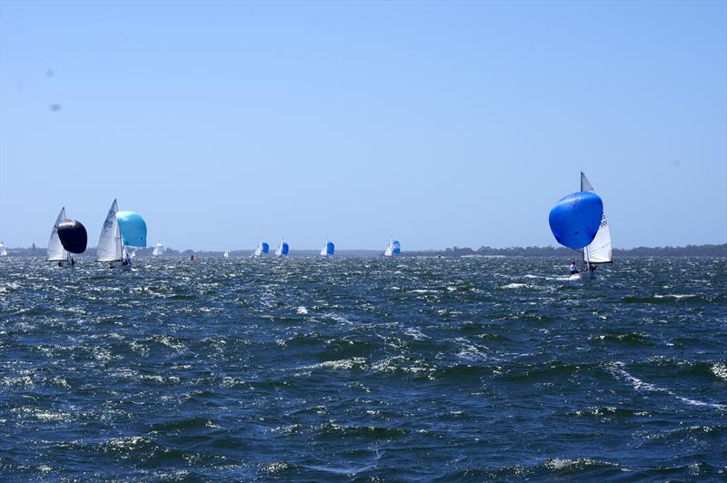 Matt Draper and Thomas Stuchbery sail Freight Train AUS001 well ahead of the fleet, with Power AUS7 and PPK NZL7 well behind in second and third position in race four of the Flying Dutchman 2026 Australian Championship - photo © Jeanette Severs