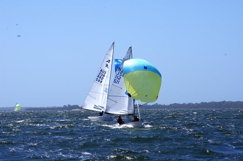 David Gibb and John Bailey on Lupicus NZL112 stream ahead of the lead Etchells boat, as they complete race four in the Flying Dutchman 2026 Australian Championship - photo © Jeanette Severs