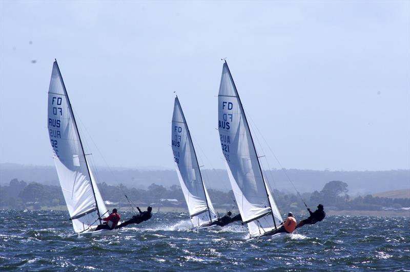 After race 4 start of Flying Dutchman Australian Championship, the lead boats hiking were David Ham and Finn Buckley on Green Eggs and Ham AUS32, Matt Draper and Thomas Stuchbery on Freight Train AUS001 and Russell Denholm and Andrew Keen on Beast AUS321 - photo © Jeanette Severs