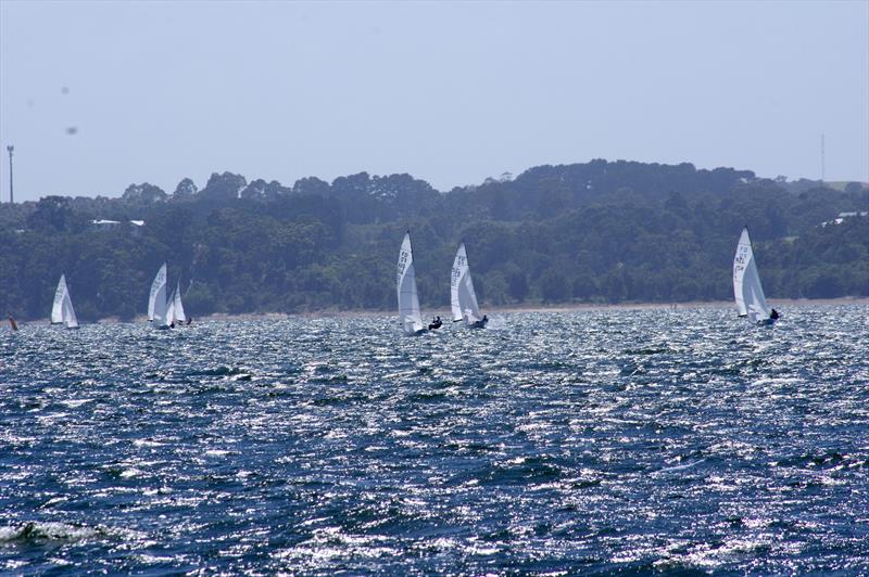 From the wing mark, PPK NZL7 leads a closely matched Lupicus 60 AUS33 and Lupicus NZL112, then Green Eggs and Ham AUS32 and Beast AUS321 ahead of the rest of the fleet, in race four of the Flying Dutchman 2026 Australian Championship - photo © Jeanette Severs