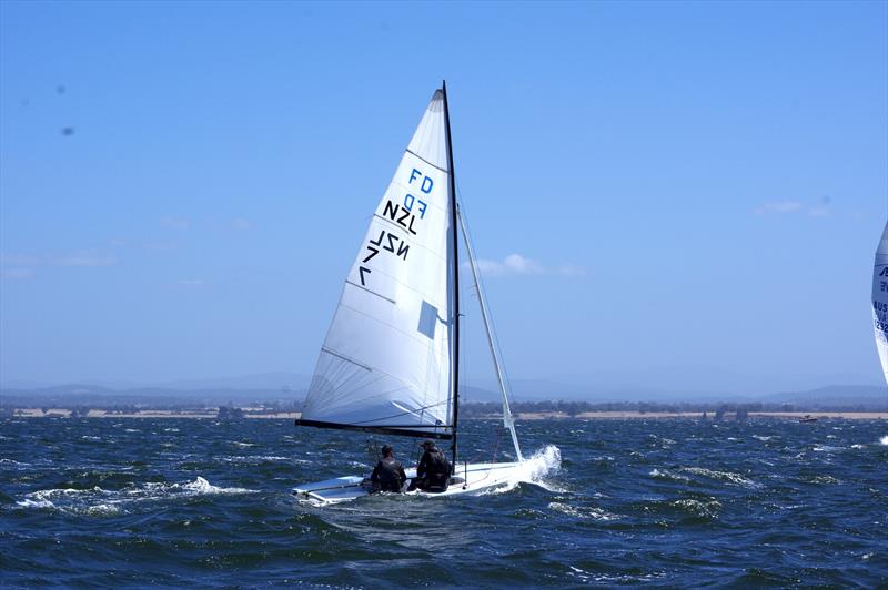 The 2025 Australian and New Zealand Flying Dutchman champions, Mark Henger and Matt Bismark on PPK NZL7, had to retire with a broken mast, on the second windward approach in race five - photo © Jeanette Severs