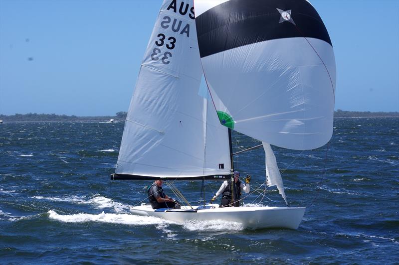 Ian McCrossin and Peter Bevis on Lupicus 60 AUS33 on approach to the finish line of race five of the Flying Dutchman 2026 Australian championship regatta - photo © Jeanette Severs