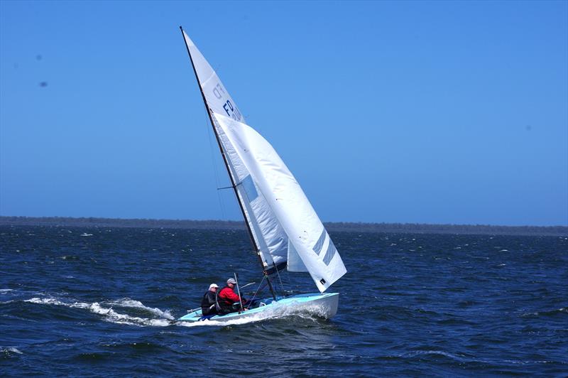 A rising wind and rolling seas challenged Gary Cameron and Darren Hocking on Blu Tak AUS338, sailing the second downwind leg without a spinnaker, in race five of the Flying Dutchman 2026 Australian championship regatta - photo © Jeanette Severs