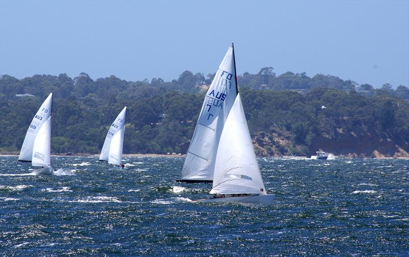 Rafe Heale and Tom Watson on Power AUS7 led around the wing marker and power towards the leeward gate, in race six, for the Flying Dutchman 2026 Australian championship, held at Metung, Victoria, Australia. In their wake, Matt Draper and Thomas Stuchbery  photo copyright Jeanette Severs taken at Metung Yacht Club and featuring the Flying Dutchman class