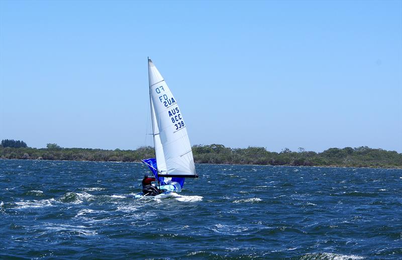 Gary Cameron and Darren Hocking in Blu Tak AUS338 pull their spinnaker aboard after finishing race six in the Flying Dutchman 2026 Australian championship, held at Metung, Victoria, Australia photo copyright Jeanette Severs taken at Metung Yacht Club and featuring the Flying Dutchman class
