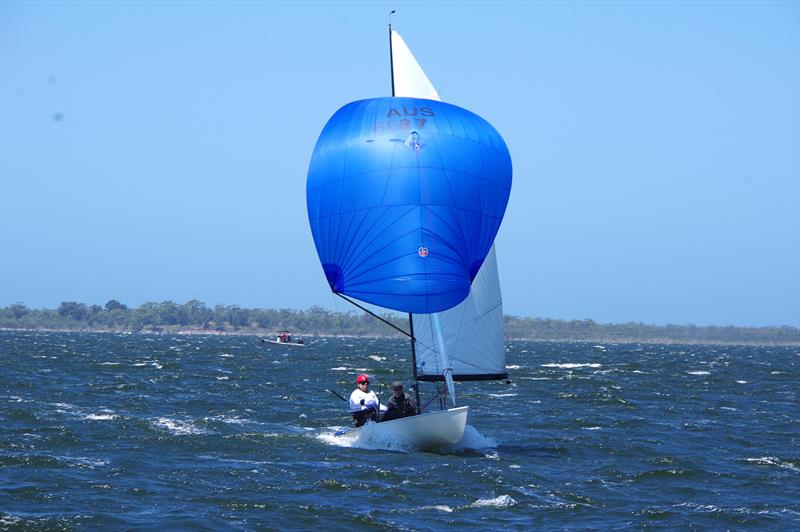 Freight Train AUS001 surfs waves with Matt Draper and Thomas Stuchbery aboard in race six, for the Flying Dutchman 2026 Australian championship, held at Metung, Victoria, Australia photo copyright Jeanette Severs taken at Metung Yacht Club and featuring the Flying Dutchman class