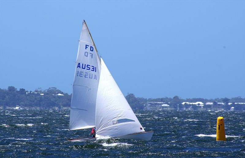 Nick Meijer and Charlie Edwards in Circus Oz AUS31 are the last boat to the leeward mark in race six of the Flying Dutchman 2026 Australian championship, held at Metung, Victoria, Australia photo copyright Jeanette Severs taken at Metung Yacht Club and featuring the Flying Dutchman class
