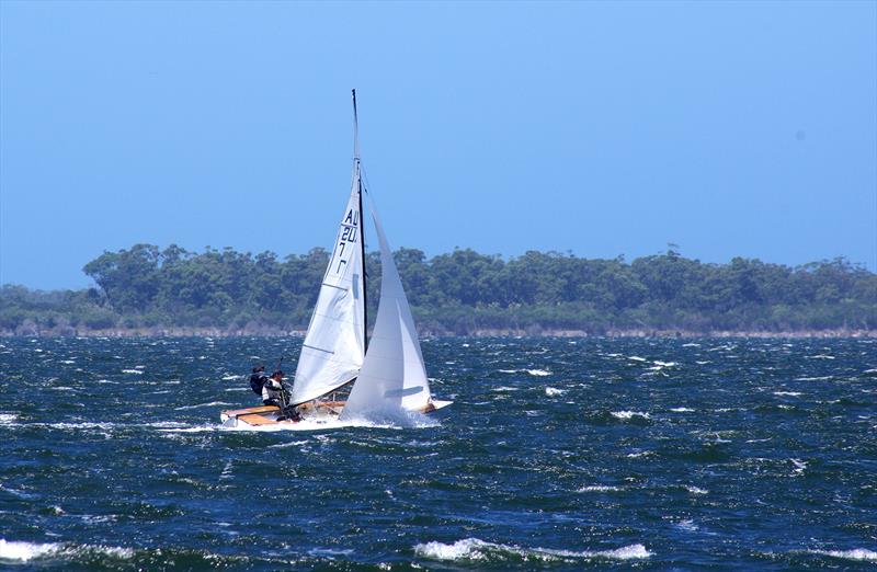 Rafe Heale and Tom Watson on Power AUS7 take on the high waves on their way to the second rounding of the windward gates, in race six, for the Flying Dutchman 2026 Australian championship, held at Metung, Victoria, Australia - photo © Jeanette Severs