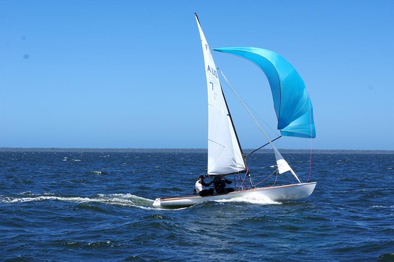Rafe Heale and Tom Watson on Power AUS7 speed to the finish line, well ahead of the fleet in race six, for the Flying Dutchman 2026 Australian championship, held at Metung, Victoria, Australia photo copyright Jeanette Severs taken at Metung Yacht Club and featuring the Flying Dutchman class
