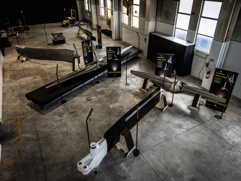 The appendages: keel and keel foil in the foreground, then side wing foil and arm, with rudder at the back right - photo © Ferrari Hypersail