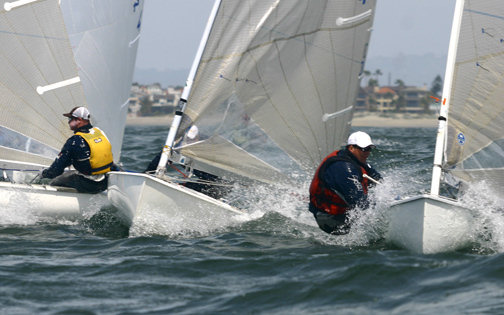 Zach Railey (right) leads 2004 Olympian Kevin Hall (left) and veteran Henry Sprague into the windward mark during the California Olympic Classes Regatta photo copyright Rich Roberts taken at Alamitos Bay Yacht Club and featuring the Finn class