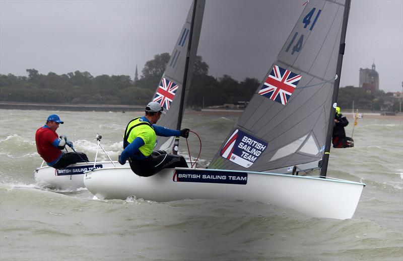 Giles Scott versus Ed Wright on day 6 of the Finn Europeans at La Rochelle photo copyright Robert Deaves / Finn Class taken at Société des Régates Rochelaises and featuring the Finn class