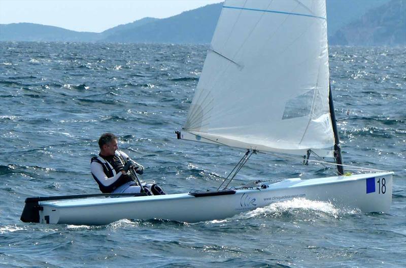 Laurent Hay on day 2 of the Finn World Masters at Kavala photo copyright Claire ADB taken at Nautical Club of Kavala and featuring the Finn class