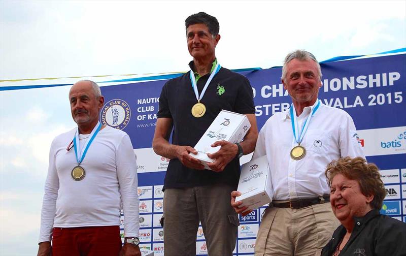 Grand Grand Masters podium at the end of the Finn World Masters at Kavala photo copyright Robert Deaves taken at Nautical Club of Kavala and featuring the Finn class