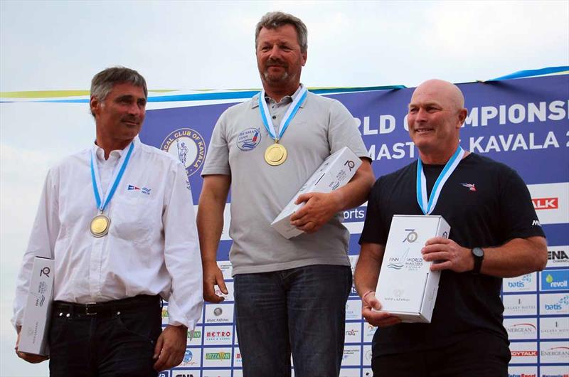 Grand Masters podium at the end of the Finn World Masters at Kavala photo copyright Robert Deaves taken at Nautical Club of Kavala and featuring the Finn class