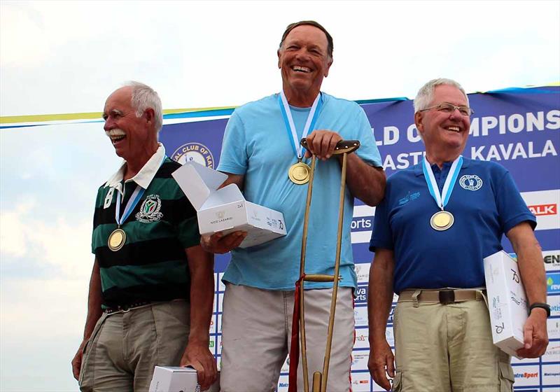 Legends podium at the end of the Finn World Masters at Kavala photo copyright Robert Deaves taken at Nautical Club of Kavala and featuring the Finn class