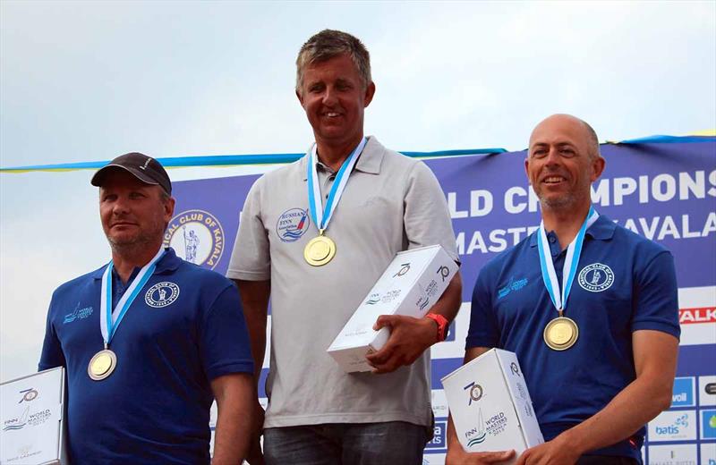 Masters podium at the end of the Finn World Masters at Kavala photo copyright Robert Deaves taken at Nautical Club of Kavala and featuring the Finn class