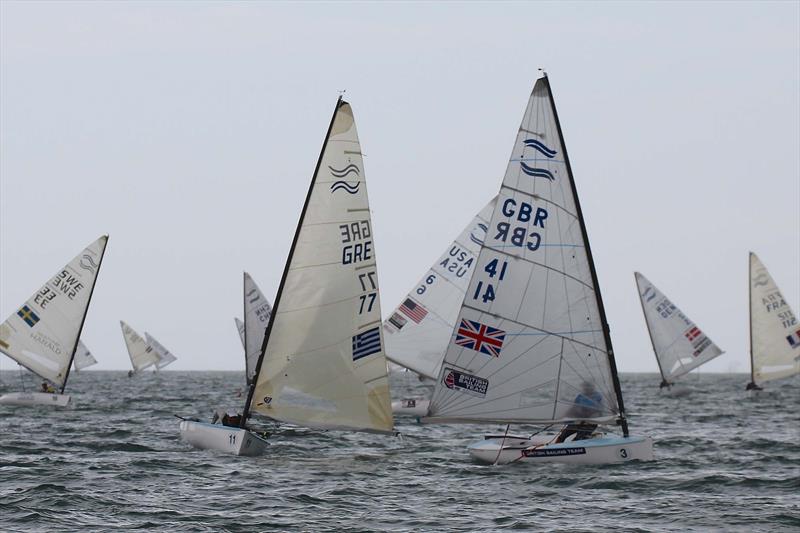 Giles Scott on day 2 of the Finn Gold Cup in New Zealand photo copyright Robert Deaves taken at Takapuna Boating Club and featuring the Finn class