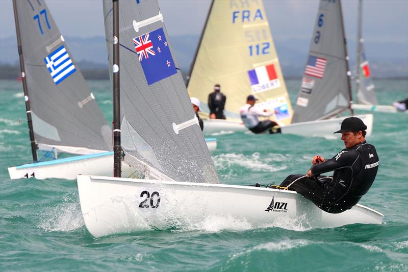 Andrew Murdoch on day 5 of the Finn Gold Cup in New Zealand photo copyright Robert Deaves taken at Takapuna Boating Club and featuring the Finn class