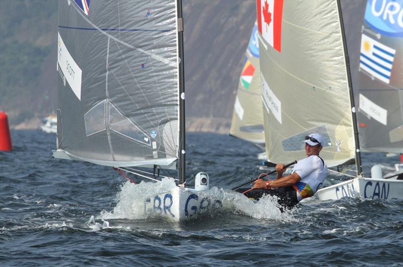 Giles Scott finishes Finn class Race 1 in 17th at the Rio 2016 Olympic Sailing Competition photo copyright Robert Deaves taken at  and featuring the Finn class