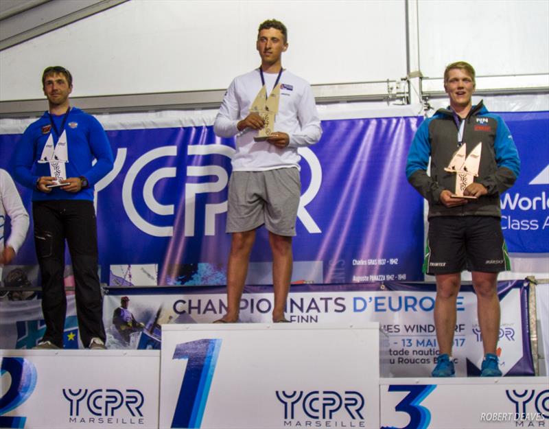 Podium at the Finn Europeans in Marseille photo copyright Robert Deaves taken at Yachting Club De La Pointe Rouge and featuring the Finn class