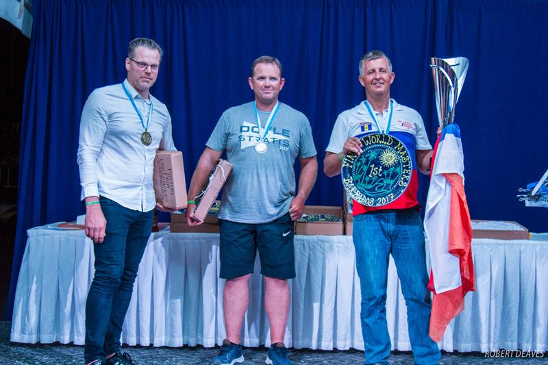 Masters; 3. Piet Eckert, SUI; 2. Rafael Trujillo, ESP; 1. Vladimir Krutskikh, RUS at the 2017 Finn World Masters in Barbados prize giving - photo © Robert Deaves