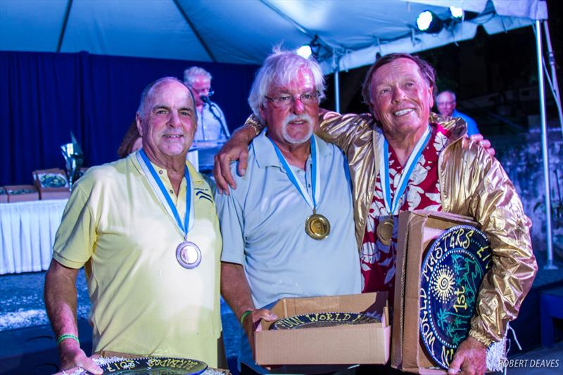Legends: 2. David Bull, AUS; 3. Charles Rudinsky, USA; 1. Henry Sprague, USA at the 2017 Finn World Masters in Barbados prize giving photo copyright Robert Deaves taken at Barbados Yacht Club and featuring the Finn class