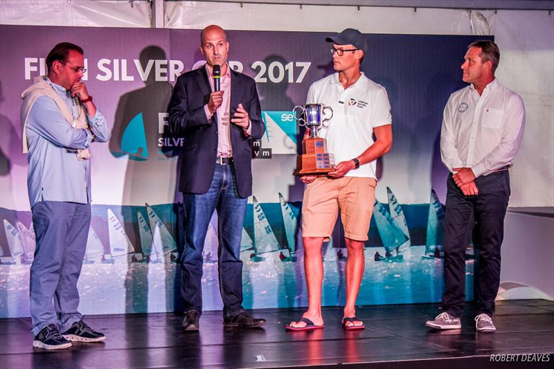 Dr Imre Molnar, Dr Balazs Hajdu, Phillip Kasüske, Andras Holczhauser at the 2017 U23 Finn Worlds photo copyright Robert Deaves taken at MVM SE and featuring the Finn class