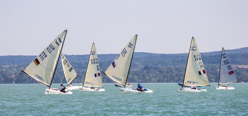 Race 4 on day 3 of the 2017 U23 Finn Worlds at Lake Balaton photo copyright Robert Deaves taken at MVM SE and featuring the Finn class