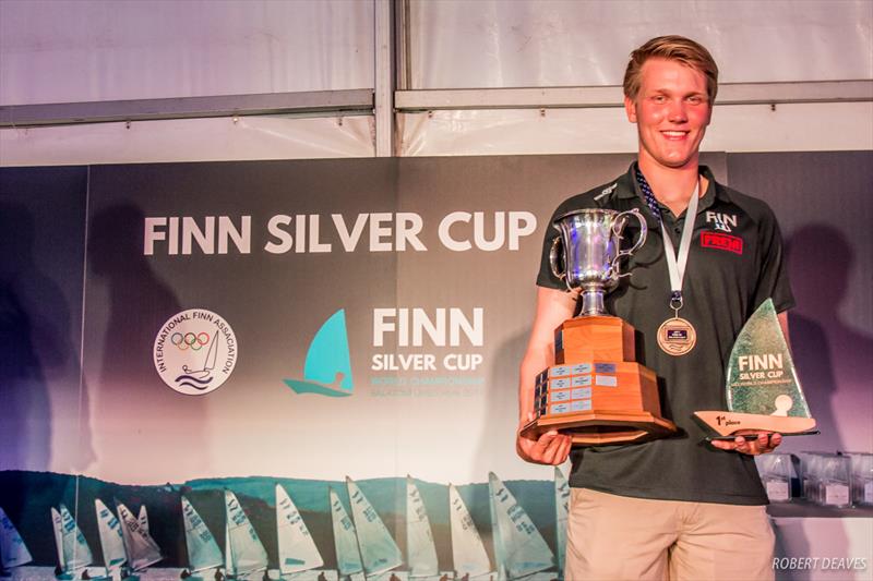 Oskari Muhonen with the Silver Cup at the 2017 U23 Finn Worlds at Lake Balaton photo copyright Robert Deaves taken at MVM SE and featuring the Finn class