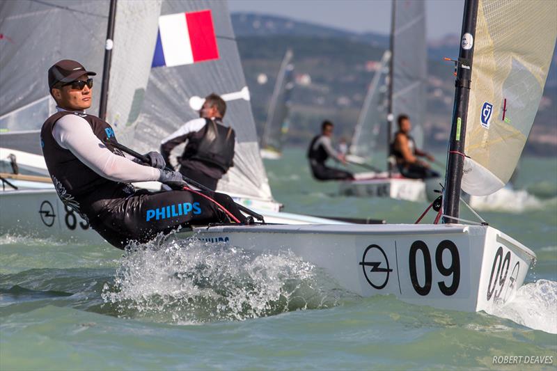 Piotr Kula on day three of the 2017 Opel Finn Gold Cup at Lake Balaton photo copyright Robert Deaves taken at Spartacus Sailing Club and featuring the Finn class