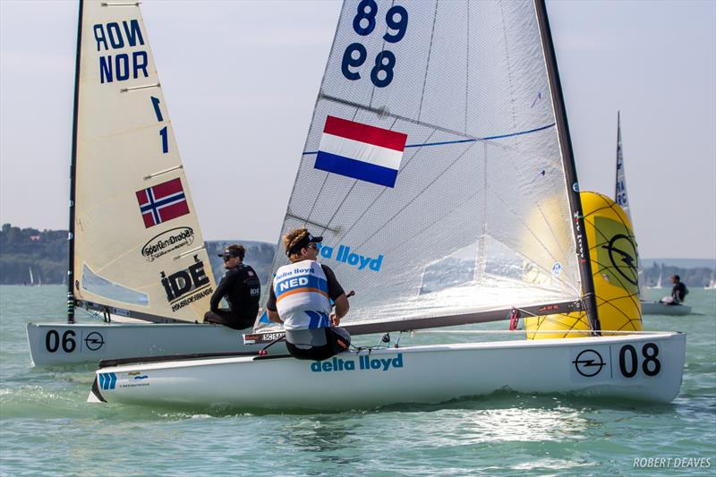 Nicholas Heiner leads Anders Pedersen during the 2017 Opel Finn Gold Cup Medal Race at Lake Balaton photo copyright Robert Deaves taken at Spartacus Sailing Club and featuring the Finn class