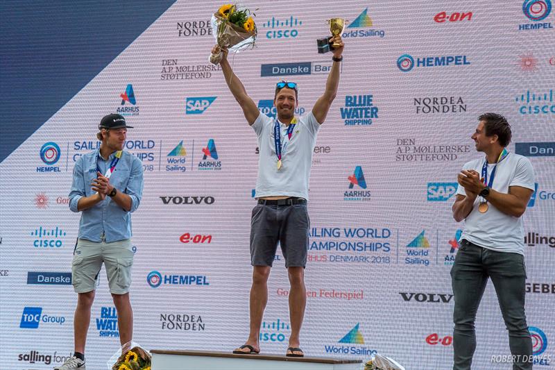 Max Salminen, Zsombor Berecz and Pieter-Jan Postma - Finn Gold Cup podium at the 2018 Hempel Sailing World Championships Aarhus photo copyright Robert Deaves taken at Sailing Aarhus and featuring the Finn class