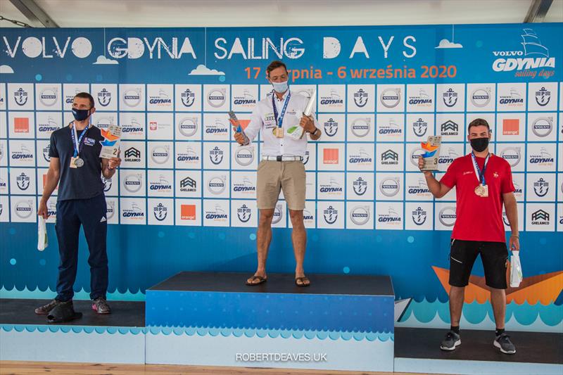Podium at the Finn Europeans in Gdynia, Poland photo copyright Robert Deaves taken at  and featuring the Finn class