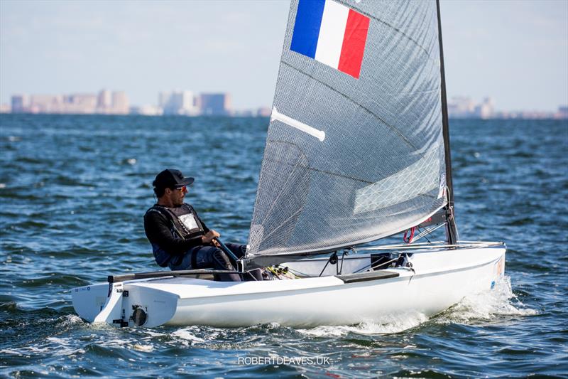Valerian Lebrun on day 3 of the 2021 Finn World Masters photo copyright Robert Deaves taken at  and featuring the Finn class