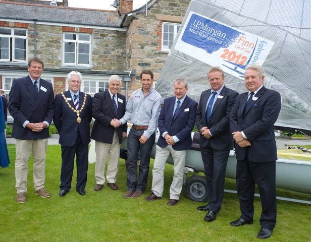 (l to r) Robin Taylor (Event Director), Geoffrey Evans (Falmouth Mayor), Peter Collett (RCYC Commodore), Ben Ainslie CBE (Triple Olympic gold medallist), Malcolm Bell (Visit Cornwall), Andy Dennison (Chairman BFA) & Jim Currie (Cornwall Council) photo copyright Dan Wilkinson taken at Royal Cornwall Yacht Club and featuring the Finn class