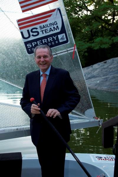 IOC President Jacques Rogge stands in the Olympic class Finn in 2013 photo copyright US Sailing taken at  and featuring the Finn class