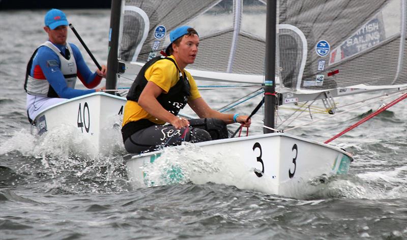 Jake Lilley leading Mark Andrews on day 5 of the 2013 Finn Gold Cup photo copyright Robert Deaves taken at Kalev Yacht Club and featuring the Finn class