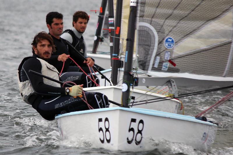 Giorgio Poggi leading Thomas Le Breton & Jorge Zarif on day 5 of the 2013 Finn Gold Cup photo copyright Robert Deaves taken at Kalev Yacht Club and featuring the Finn class