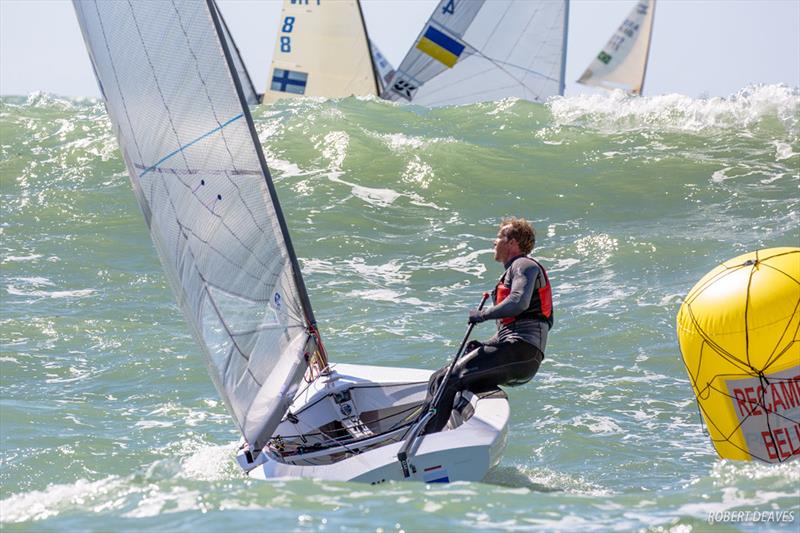 Josh Junior faces mountainous seas - 2018 Finn European Championship at Cádiz, Spain photo copyright Robert Deaves taken at  and featuring the Finn class