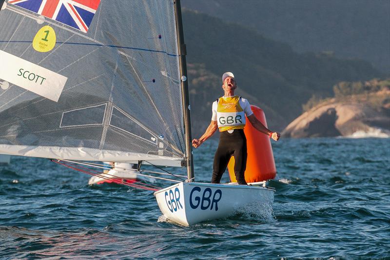Giles Scott (GBR) just after crossing the line in the penultimate race of the Finn Event at the Olympic Sailing Regatta - Rio 2016 photo copyright Richard Gladwell taken at Iate Clube do Rio de Janeiro and featuring the Finn class