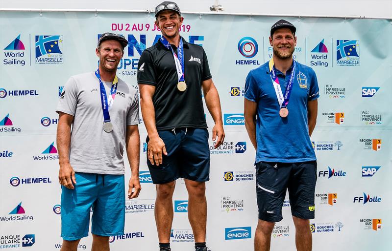 Finn winners podium at the Hempel World Cup Series Final in Marseille photo copyright Sailing Energy / World Sailing taken at  and featuring the Finn class