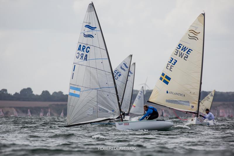 Facundo Olezza leads race 3 on the first day of Finn racing at Kieler Woche 2020 photo copyright Robert Deaves / Finn Class taken at Kieler Yacht Club and featuring the Finn class