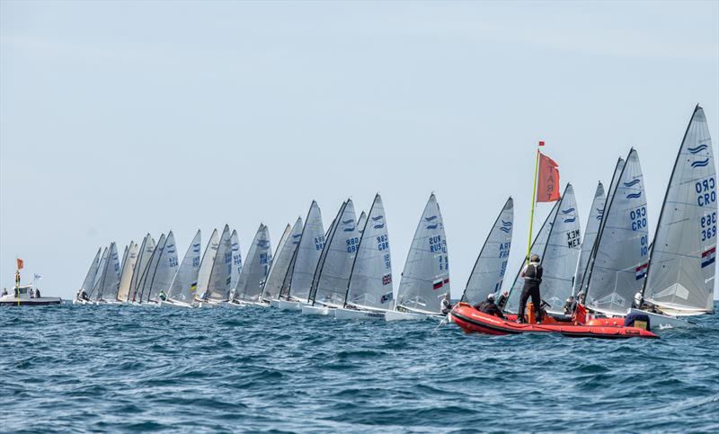 Start on day 2 of the 2021 Open and U23 Finn European Championship - photo © Joao Costa Ferreira