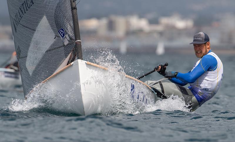 Max Salminen, SWE on day 4 of the 2021 Open and U23 Finn European Championship photo copyright Joao Costa Ferreira taken at  and featuring the Finn class