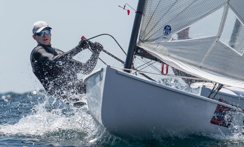 Nils Theuninck, SUI on day 4 of the 2021 Open and U23 Finn European Championship photo copyright Joao Costa Ferreira taken at  and featuring the Finn class