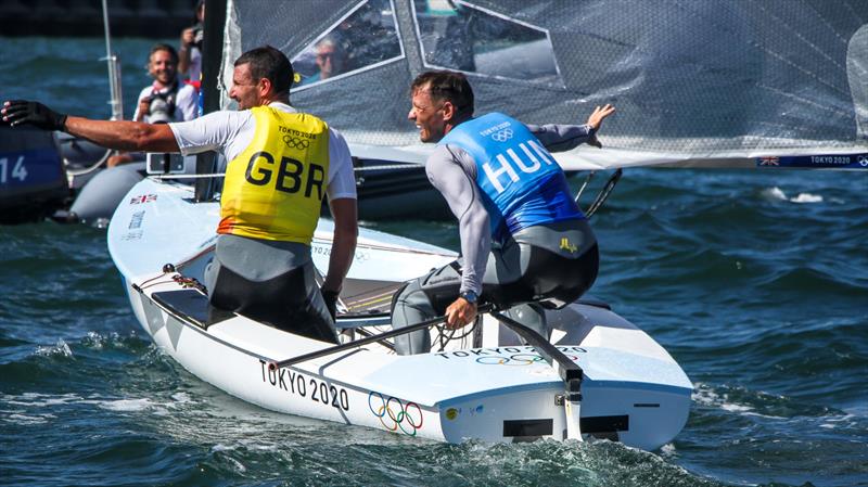 Gold and Silver medalists, Giles Scott (GBR) and Zsombor Berecz demonstrate the Finn's capabilities as the new Olympic Two Handed class - Tokyo2020 - Day 10 - August 3, , Enoshima, Japan photo copyright Richard Gladwell - Sail-World.com/nz taken at  and featuring the Finn class