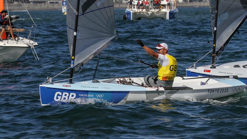 Giles Scott (GBR) acknowledges the moment of winning the Gold Medal in the Finn class, Tokyo2020 - Day 10 - August 3, , Enoshima, Japan - photo © Richard Gladwell - Sail-World.com/nz